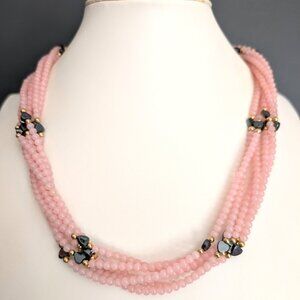 6 strand pink glass beaded necklace with hematite hearts and gold bead accents